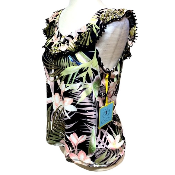 CeCe Floral Silky Ruffled Flounce V Neck & Back - Picture 2 of 4